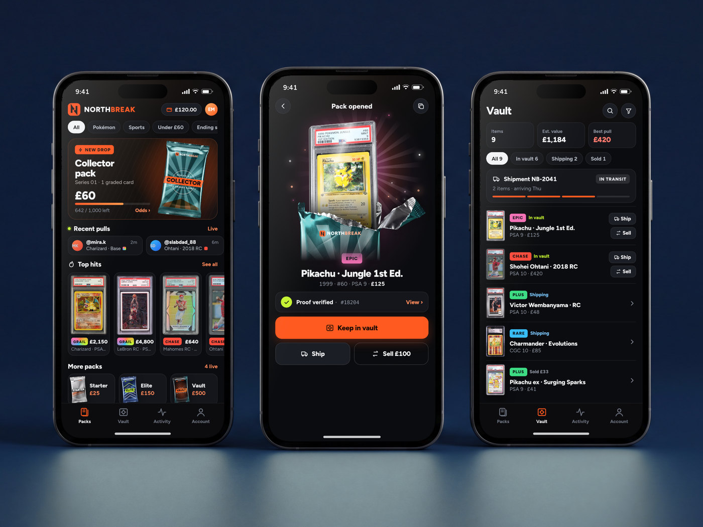 Three phones showing the customer app: a store with a featured foil pack, a live feed of recent pulls and a carousel of top graded-card hits; a graded card slab rising out of a freshly torn pack with a rarity badge, a verified proof and keep, ship and sell-back actions; and a vault listing kept and shipping cards.