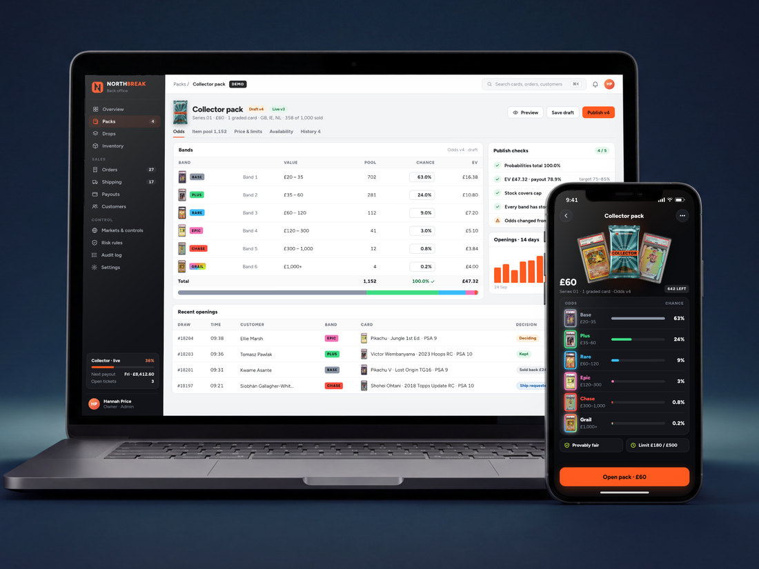 Veliora Reveal shown on a laptop and a phone: the operator’s pack builder with an odds table, and the customer’s pack page with the same odds